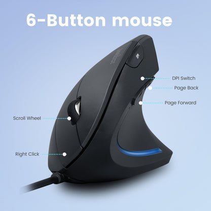 Perixx PERIMICE-513C - Mouse Vertical USB-C con Cable, 6 Botones, Ajustable 1000/1600 dpi, diestro, Cable de 6 pies, Negro
