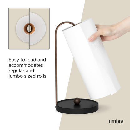 Umbra Bellwood - Toallero de Papel para encimera de Cocina, con Soporte de Madera Real y Base de Metal ponderada, Negro/Nogal