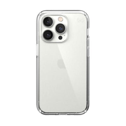 Speck Presidio Perfect Clear Funda Compatible con iPhone 14 Pro, Protección Caídas 4m, Bisel Elevado, Protección Antimicrobiana - Transparente