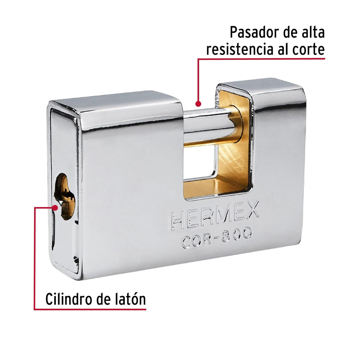 Hermex COR-80Q, Candado antipalanca, cuerpo de latón blindado de 80mm, llave de puntos, máxima seguridad