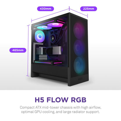 NZXT Gabinete H5 Flow RGB ATX Negro con Cristal Templado, USB 3.2 y USB Tipo-C – Torre para PC Gaming
