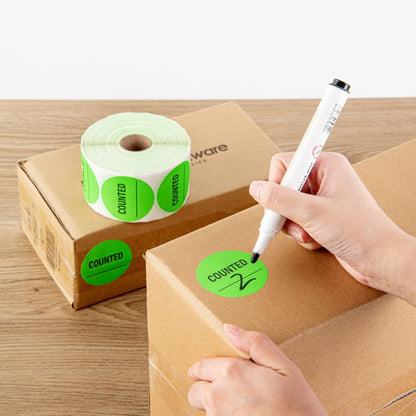 Restaurantware Label Tek - Calcomanías de embalaje de 2 x 2 pulgadas, 1000 etiquetas de envío de alta calidad, contadas, sostenibles, calcomanías de inventario de papel verde, alta visibilidad, con