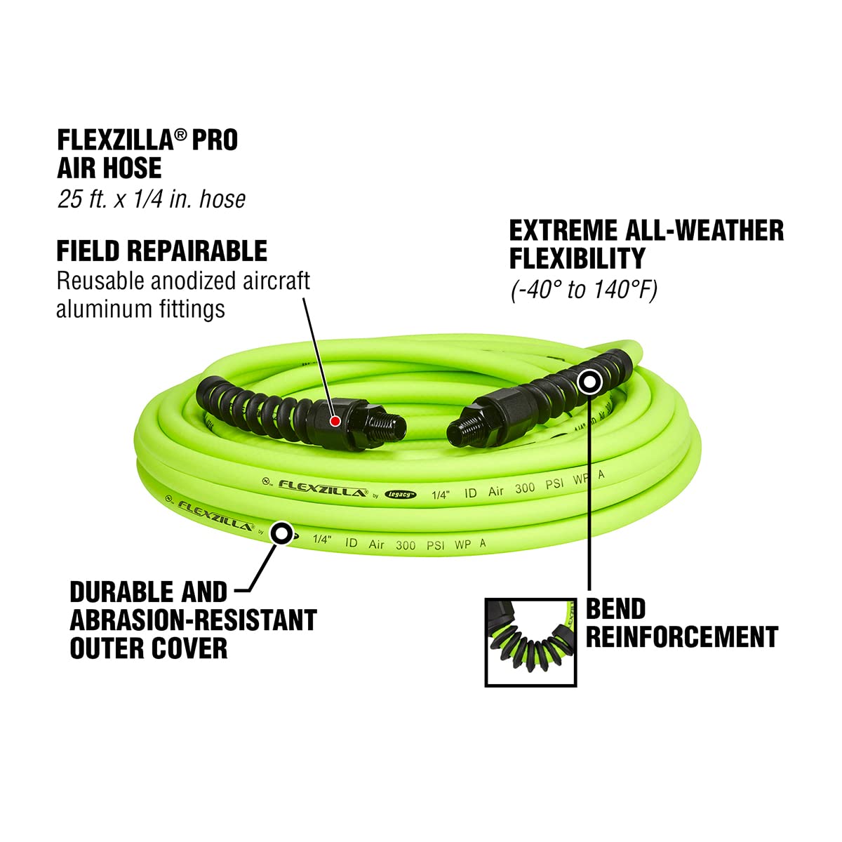 Flexzilla Legacy Pro Manguera de Aire Híbrida HFZP1425YW2, 1/4 in x 25 ft