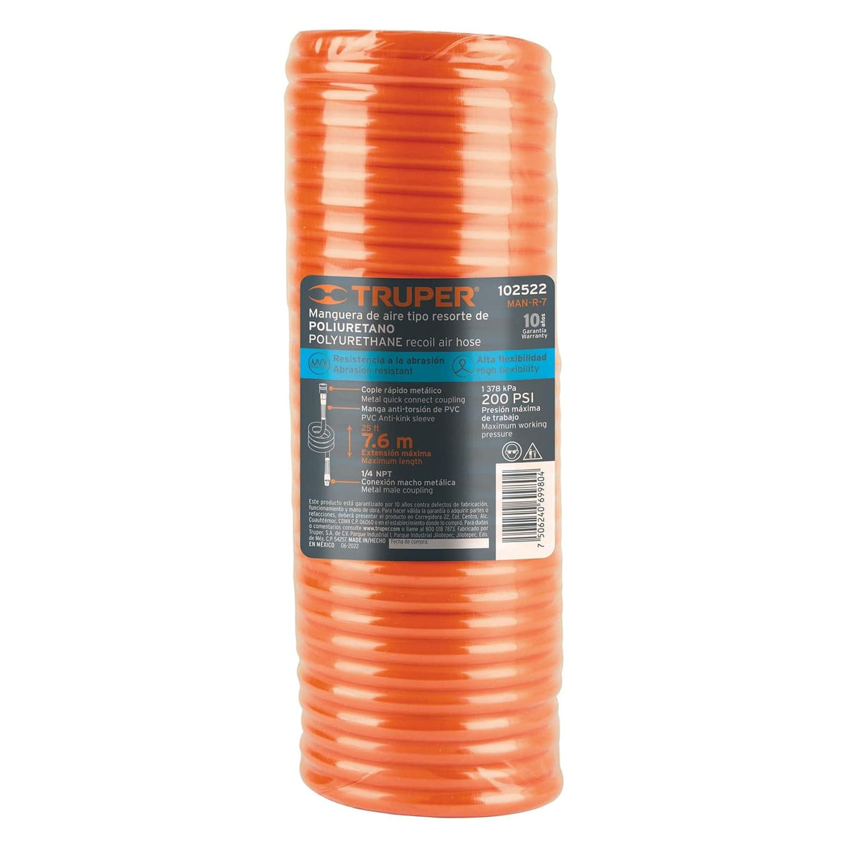 Truper MAN-R-7 Manguera tipo resorte para compresor 7.6 m x 1/4"