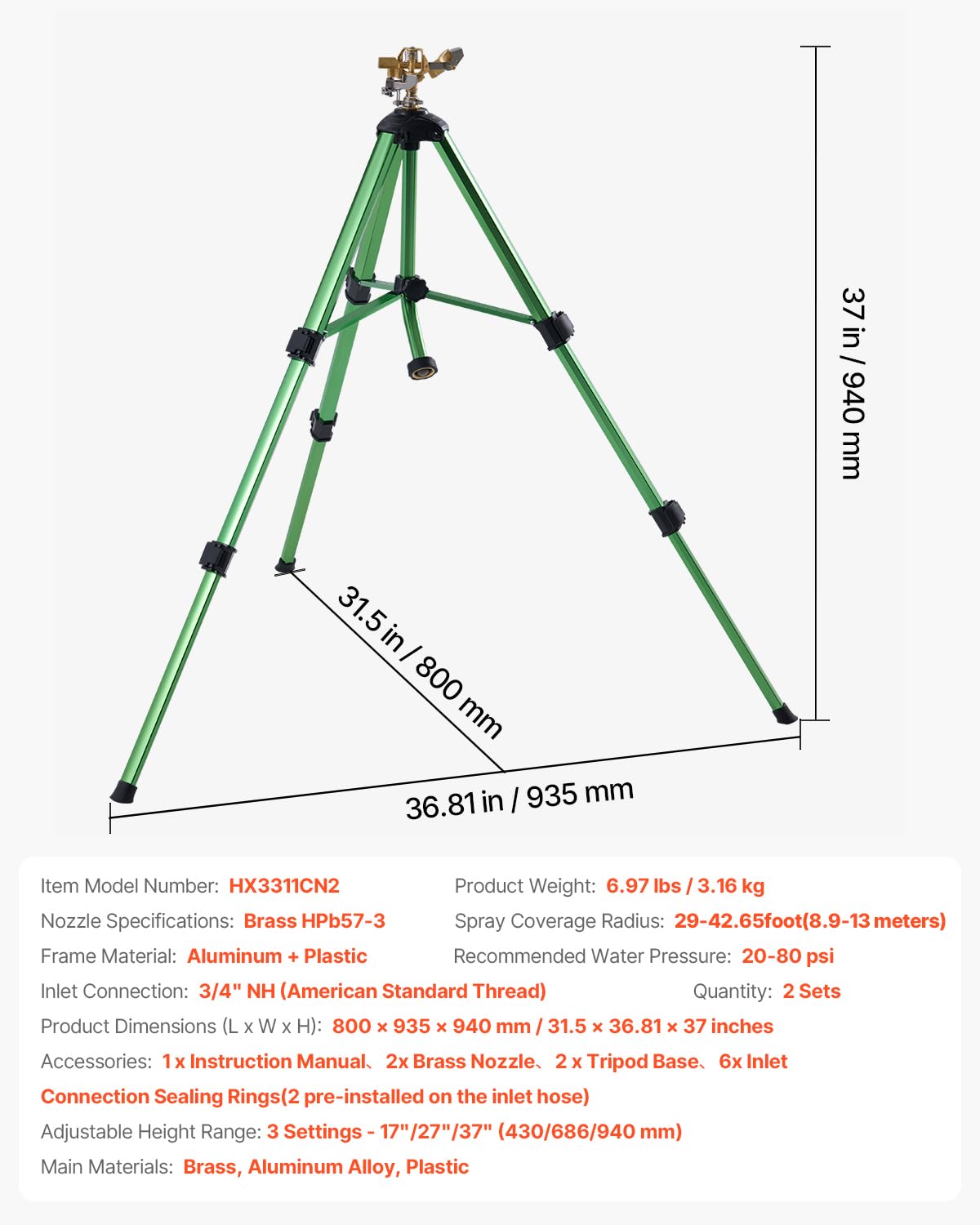 VEVOR Aspersores de Impacto con trípode, Paquete de 2, Cabezal latón 360° | Para céspedes, jardines y patios grandes, dos aspersores trípode de alta resistencia con altura ajustable y amplia cobertura.