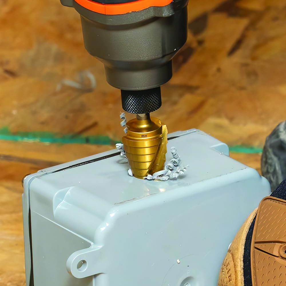 Klein Tools 25962 Broca escalonada, 3/16 a 7/8 pulgadas, espiral de doble vuelta, corta metal fino, plástico, aluminio, madera, vástago hexagonal de 1/4 pulgadas, VACO