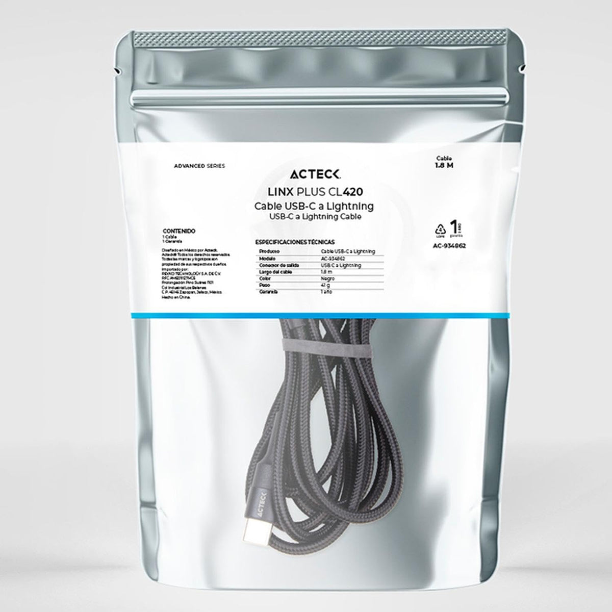 Cable USB C a Lightning Linx Plus CL420 / Carga Ultra Rápida + Hasta 27W 1Mt Nylon Trenzado + Macho a Macho Negro Advanced Series