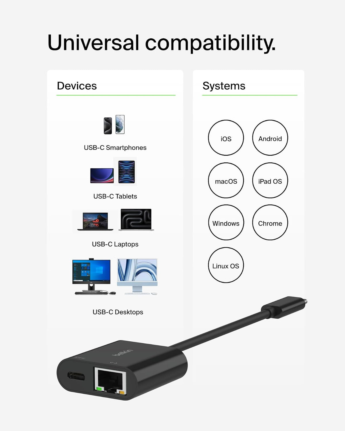 Belkin Connect USB-C a Ethernet + Adaptador de Carga de 100 W con Puerto Gigabit Ethernet y Puerto USB-C - 10/100/1000 Mbps para conexión rápida a Internet, Compatible con iPhone 16, Samsung Galaxy