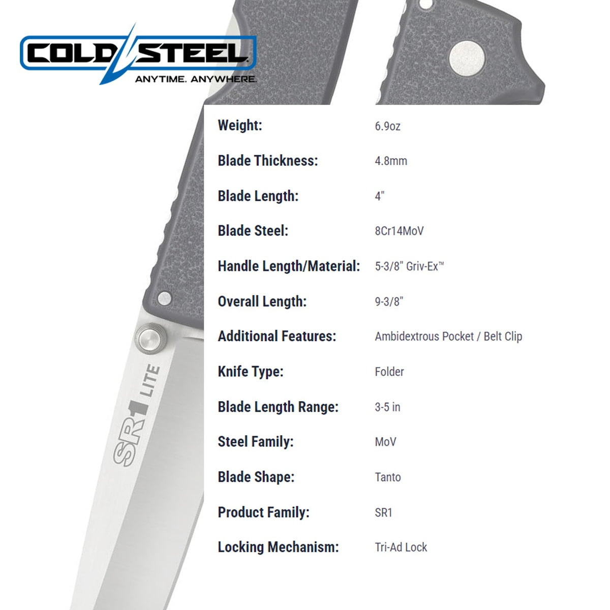 Cold Steel SR1 Lite 8Cr14MoV - Cuchillo plegable de acero de 4 pulgadas con mango Griv-Ex con mecanismo de bloqueo Tri-Ad, en caja