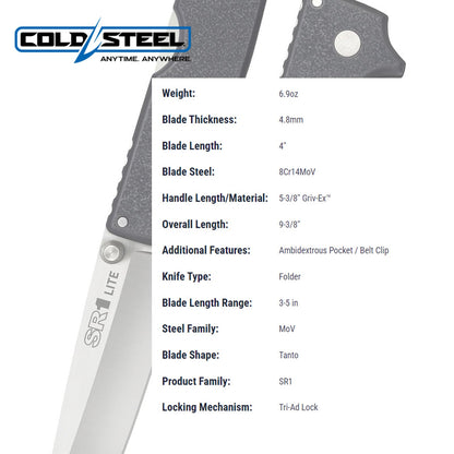 Cold Steel SR1 Lite 8Cr14MoV - Cuchillo plegable de acero de 4 pulgadas con mango Griv-Ex con mecanismo de bloqueo Tri-Ad, en caja