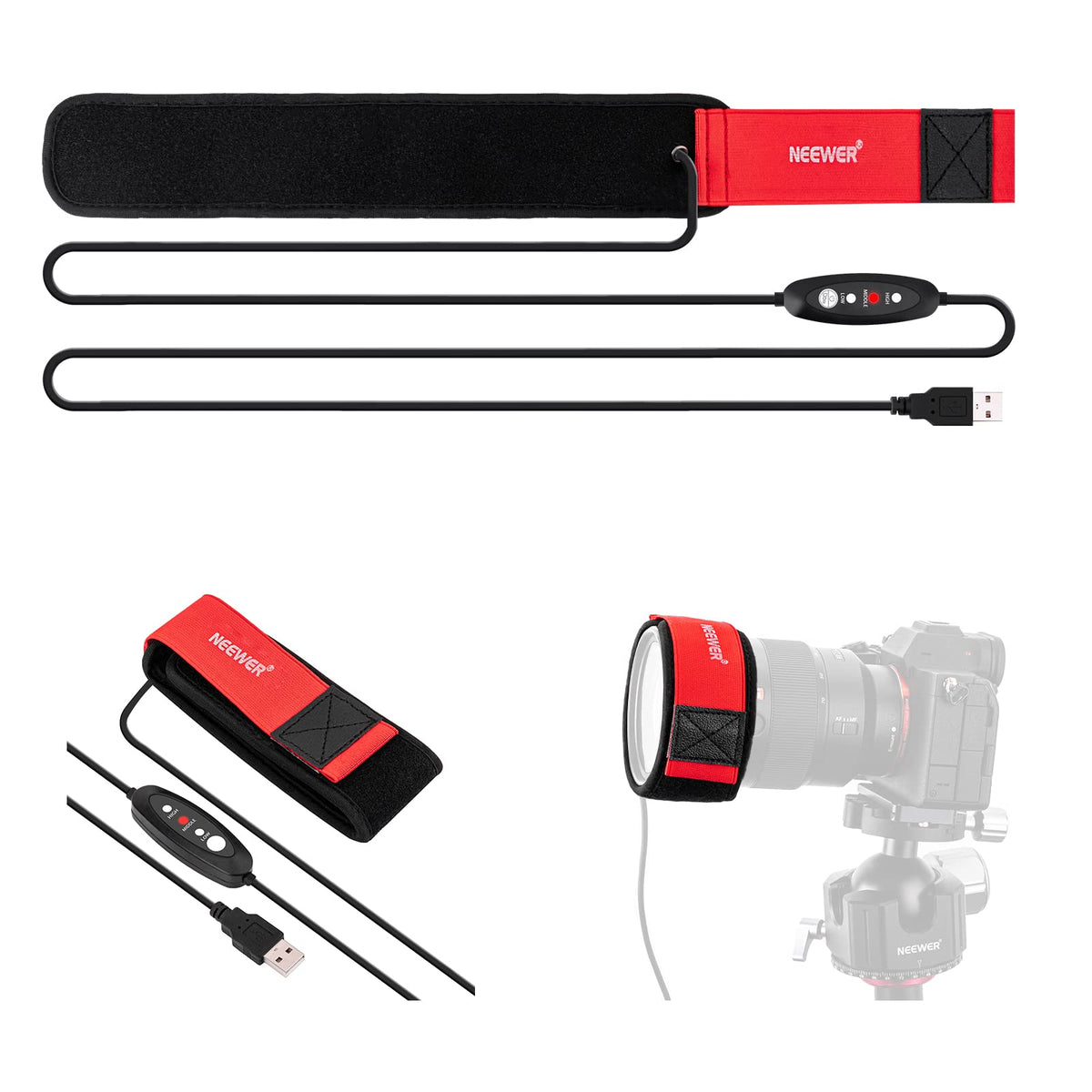 NEEWER - Calentador de Lente USB, 300 mm para cámara DSLR y telescopio, 3 ajustes de regulador de Temperatura, Tira de Calentador de rocío Evita rocío, Niebla y condensación para cámara de telescopio