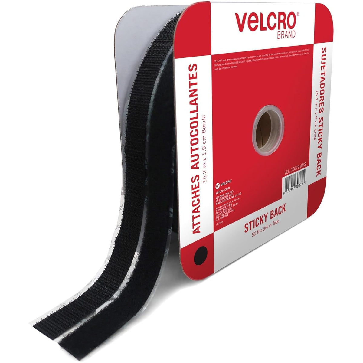 Velcro Brand - Rollo de cinta adhesiva para la parte trasera | 50 pies x 3/4 pulgadas | Negro | Corta tiras adhesivas de gancho y bucle a la longitud | Crea almacenamiento vertical, ahorra espacio, mantiene tu hogar, oficina o lugar de trabajo organizado 