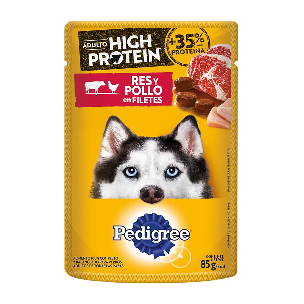 Pedigree - High Protein Alimento para Perro Adulto, Sabor Res y Pollo, 24 Sobres, 85g c/u, con Proteína, Antioxidantes y Vitamina E