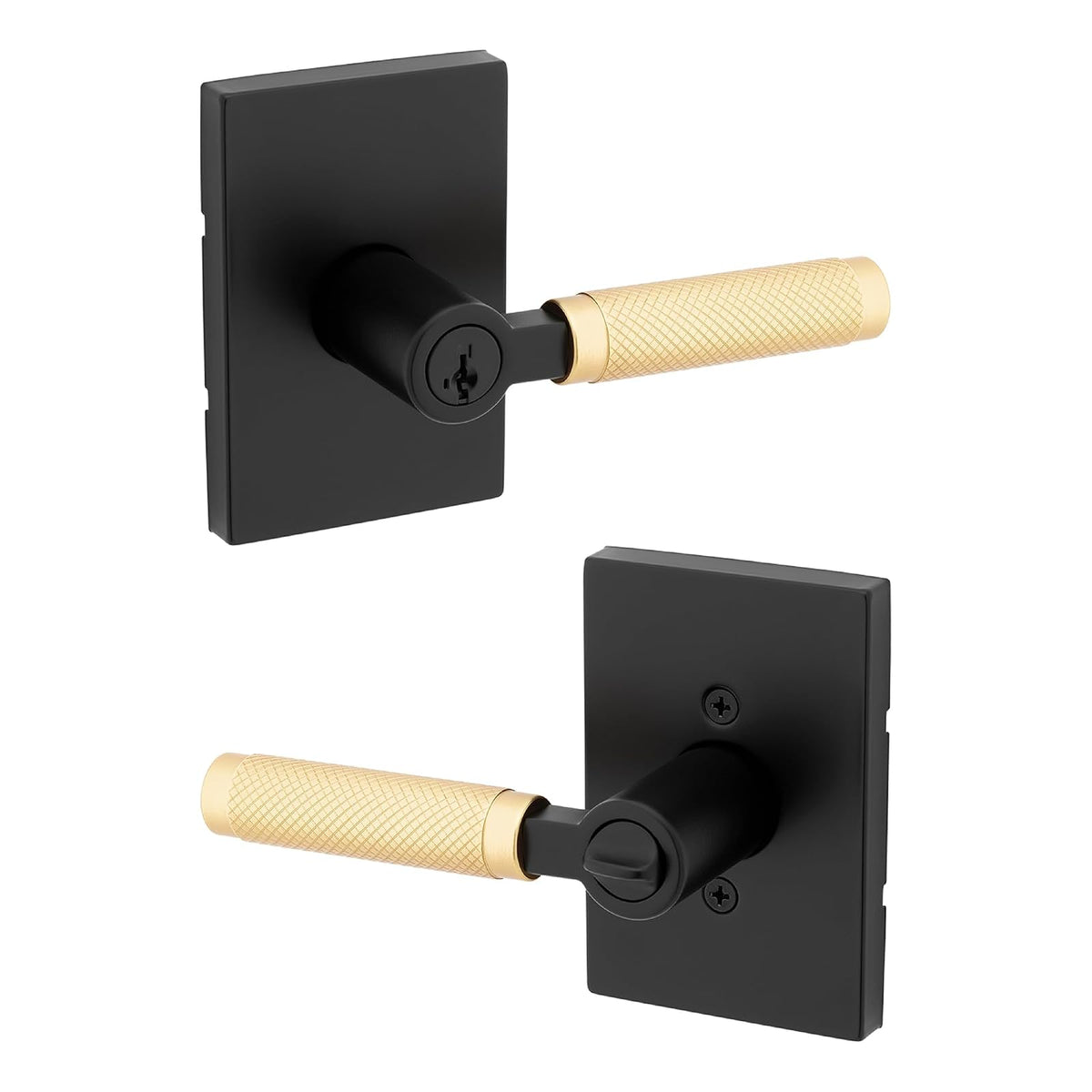 Kwikset Prava Manija para Puerta, Moleteada, Varios Acabados - Negro mate y latón satinado - Entrada