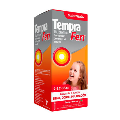 Tempra Fen Suspensión Infantil Fiebre, Dolor e Inflamación Sabor Fresa Ibuprofeno frasco con 100 ml