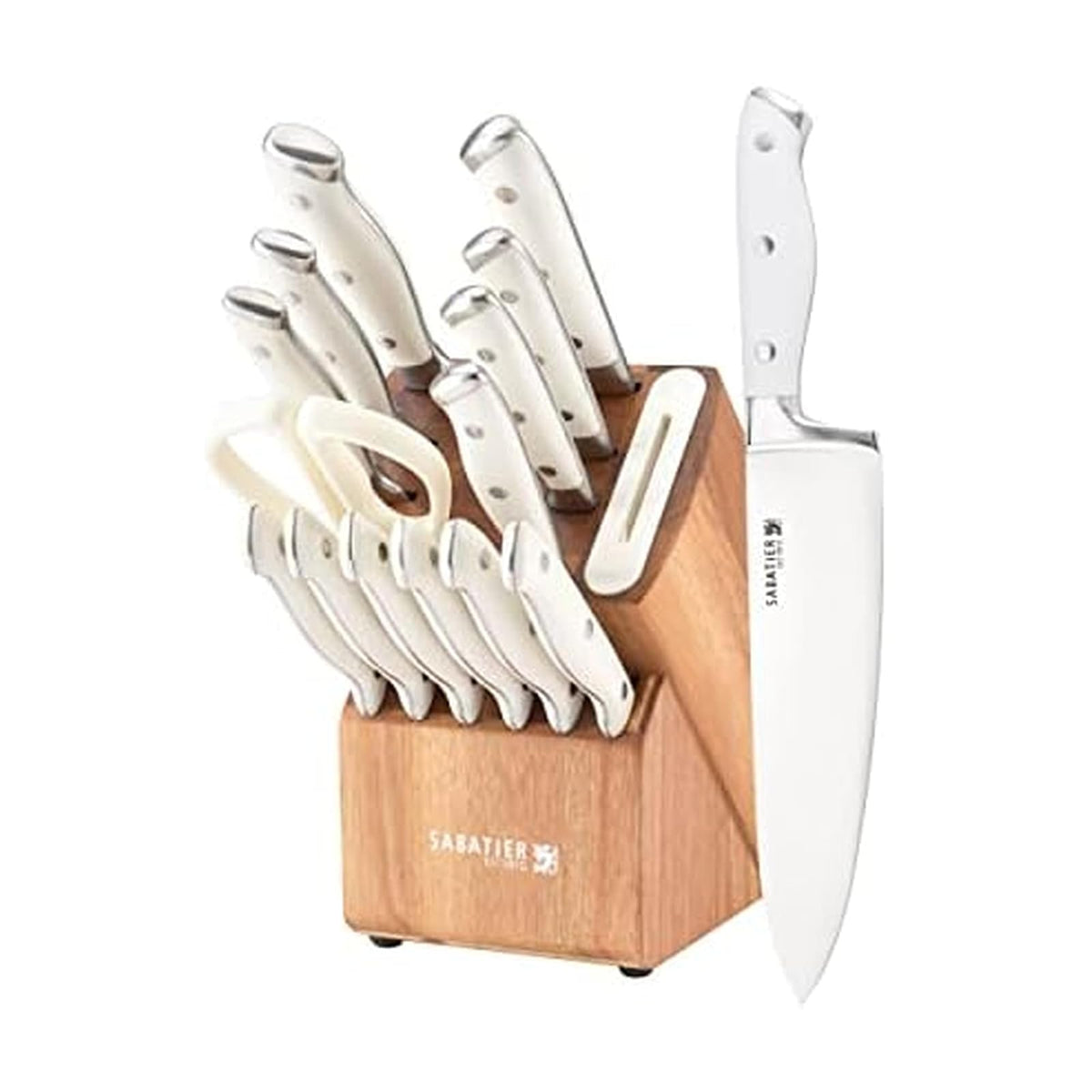 Sabatier Juego de 15 Cuchillos Forjados Edgekeeper | Con afilador integrado, acero inoxidable de alto carbono, bloque de acacia, color blanco