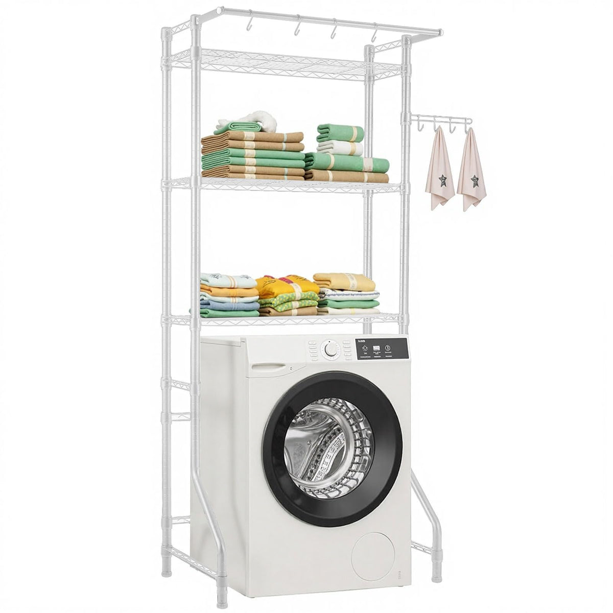 VEVOR - Estanterías de Almacenamiento para Lavadora y Secadora, 6 Niveles de lavandería con Barra de suspensión y Ganchos, Dos Filas de estantes Ajustables para Lavadora, Ahorro de Espacio, para - blanco - 3 pisos