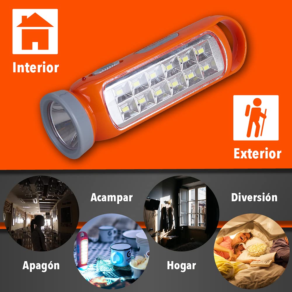 Tecnolite Lámpara LED Recargable Portátil, Linterna LED, 4 Horas de Uso, 100 m. de Distancia, 3.5 W, 100 - 240 V, 100 Lumens, Luz de Día 6 500 k, IP 20, Color: Naranja.