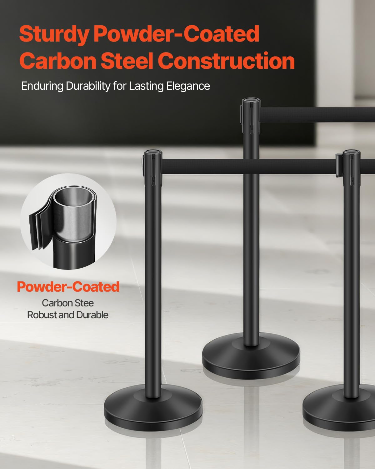 VEVOR 6 PCS Poste de Estaca de Acero al Carbono de 2 m con Base Hueca de Inyección de Arena y 6 Cinturones Retráctiles Negros, Barreras de Control de Multitudes para Teatro, Fiesta, Boda, Negro