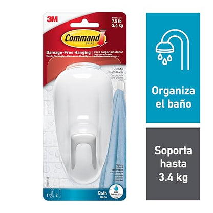 COMMAND 3M Gancho Adhesivo Removible para Baño Grande Blanco 1 pza | Soporta hasta 3.4 kg, Organiza interiores sin dañar, No requiere herramientas, Fácil de instalar, Tiras impermeables