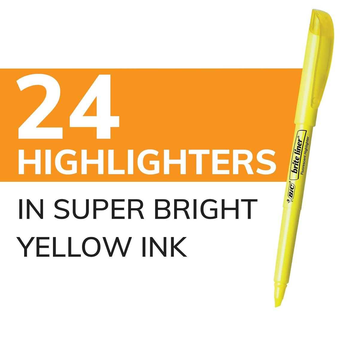 BIC Brite Liner subrayador, punta cincel, colores surtidos, 24-count, Amarillo, 24-Count