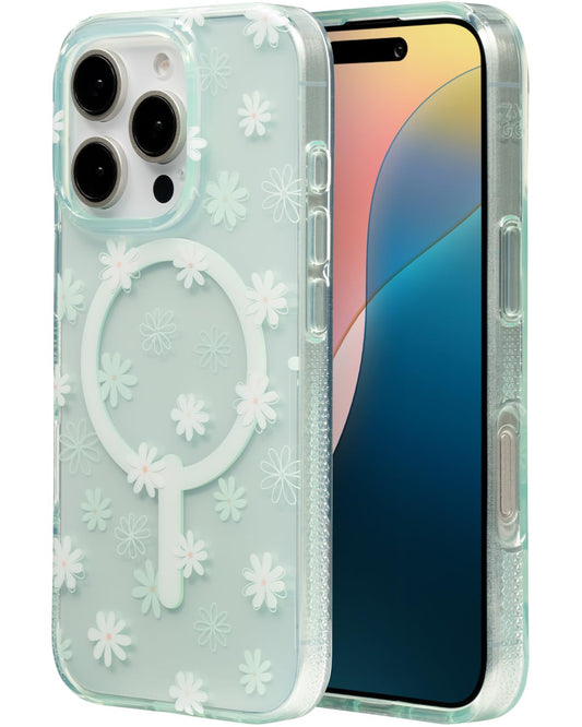 ZAGG Milan Snap - Funda para iPhone 16 Pro, diseño Floral Blanco sobre Base Verde Transparente, Compatible con MagSafe y Carga inalámbrica, protección contra caídas de 14 pies, ecológico, Reforzado