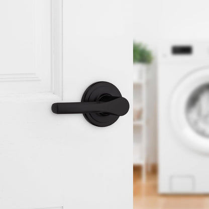 Kwikset Henley Manija de puerta para manija, palanca de una sola cara para armarios, puertas dobles francesas y despensa, palanca interior reversible sin giro negro mate, con protección Microban