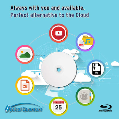 Optical Quantum 50 Discos Blu-ray Grabables (BD-R) de una Sola Capa, 6x, 25GB, Cubierta Blanca Imprimible con Inyección de Tintas