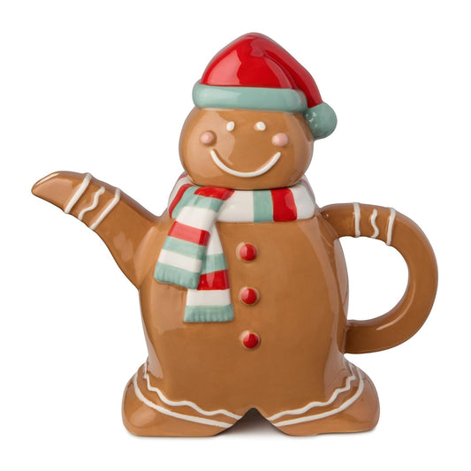 Tetera de pan de jengibre de Navidad Whimsy – Tetera de cerámica 3D con sombrero rojo festivo y bufanda, decoración de cocina, vajilla de Navidad de regalo, cacao y tetera para entretenimiento