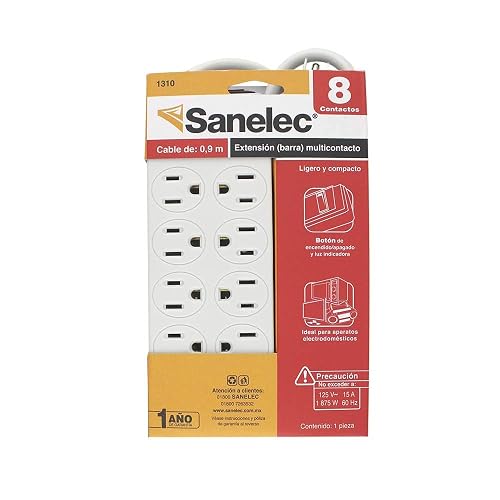 SANELEC, Extensión, Barra Multicontacto, 8 Entradas, Cable de 90 cm, Modelo 1310 + Genlit GL-XTDO6MB Extension Domestica, color Blanca, 6 m