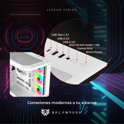 Balam Rush Gabinete Gamer Media Torre Tank Master 9600 TB/MAX MB ATX/GPU 410 mm/USB C + USB 3.0 + USB + Audio + 4xFan ARGB/Paneles de Cristal/Legend (Blanco)
