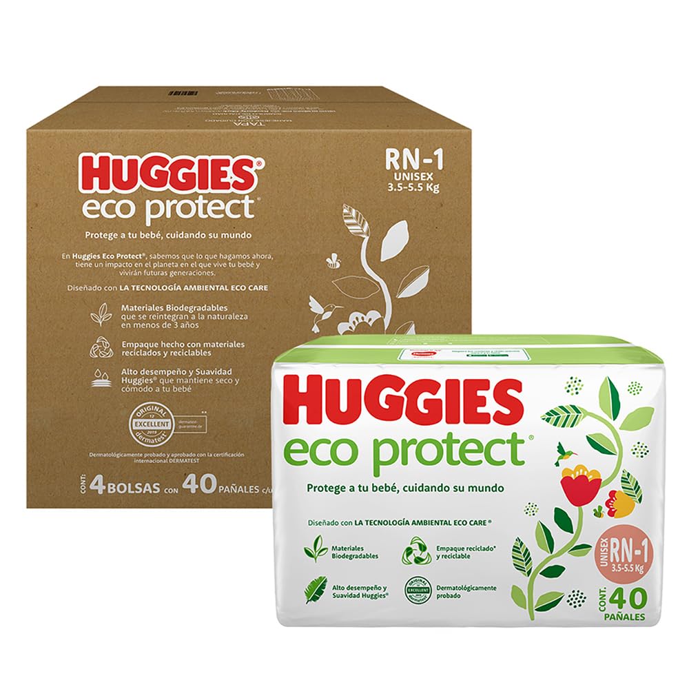 Huggies Eco Protect Pañal Desechable para bebé, Unisex, Etapa Recién Nacido - 1, Caja con 160 Pañales Desechables, Ideal para Bebés de 3 a 5.5 kilogramos