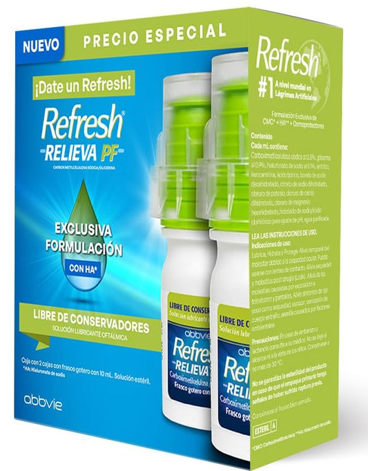 Abbvie - Refresh Relieva PF - 2 Goteros de 10 ml- Gotas Lubricantes Para Ojos Secos E Irritados -Hidratación Avanzada Sin Conservadores Con Hialuronato De Sodio