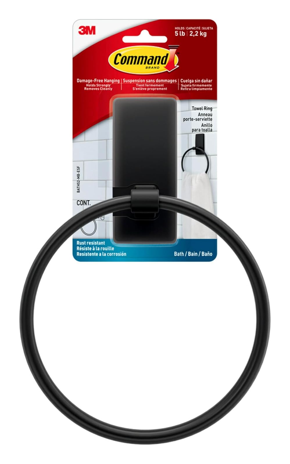 Command - Soporte para toallas de mano, color negro mate con tiras resistentes al agua, organizador de baño resistente al óxido, soporta hasta 5 libras, 1 anillo