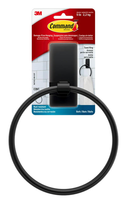 Command - Soporte para toallas de mano, color negro mate con tiras resistentes al agua, organizador de baño resistente al óxido, soporta hasta 5 libras, 1 anillo