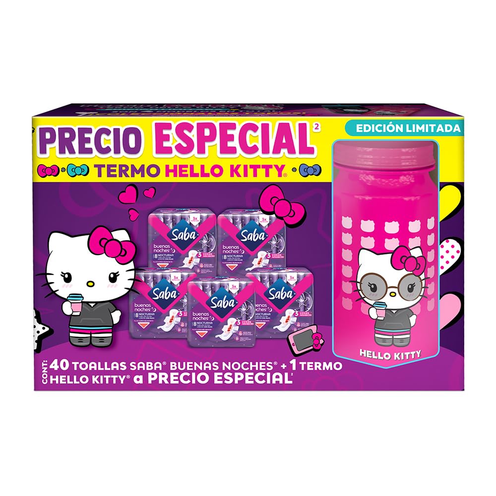 Saba Buenas Noches con alas, 40 Toallas + Termo Hello Kitty a precio especial (son 4 diferentes modelos, envío aleatorio)