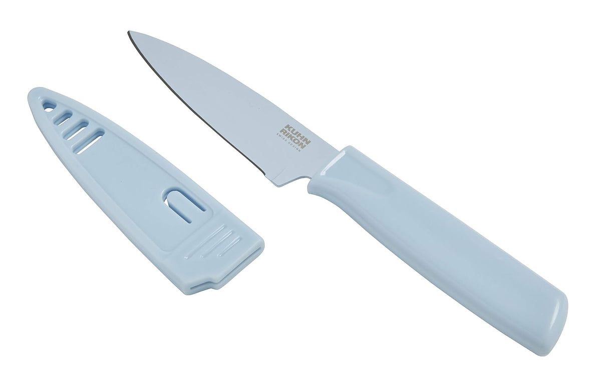 Kuhn Rikon Colori - Cuchillo de pelar recto antiadherente con funda de seguridad, hoja de 10,16 cm, color azul claro