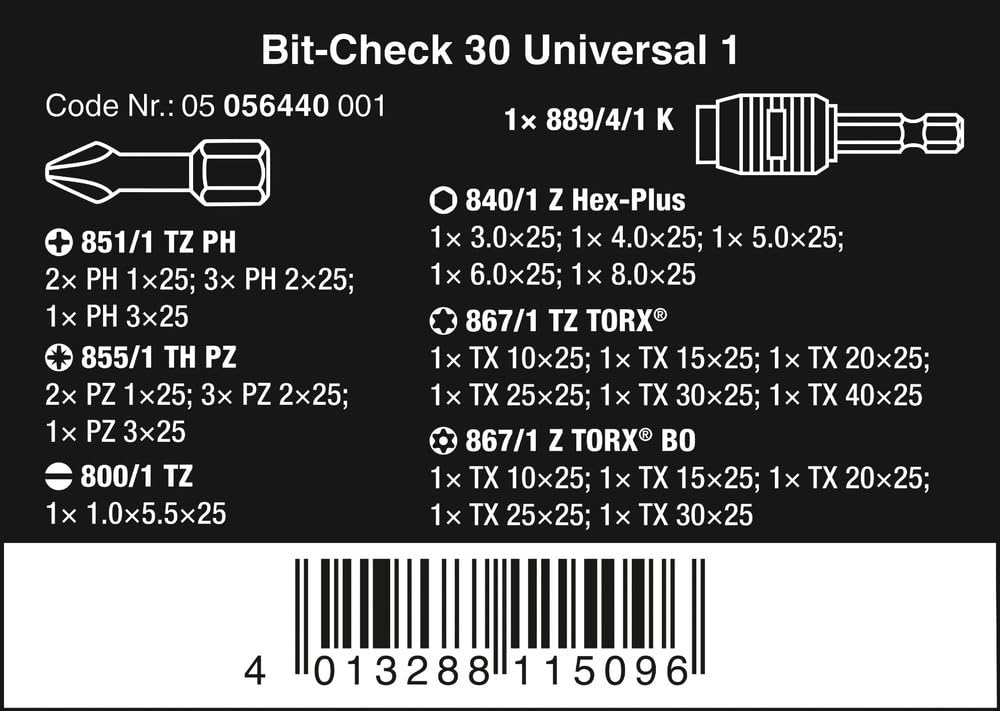 Wera - Universal Rapidaptor Bit-Check, 30 unidades