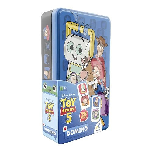 NOVELTY CORP Toy Story 5 Dominó Infantil Clásico, Fichas de Pasta con Personajes Ilustrados, Caja Metálica, Juego de Mesa Familiar y Educativo