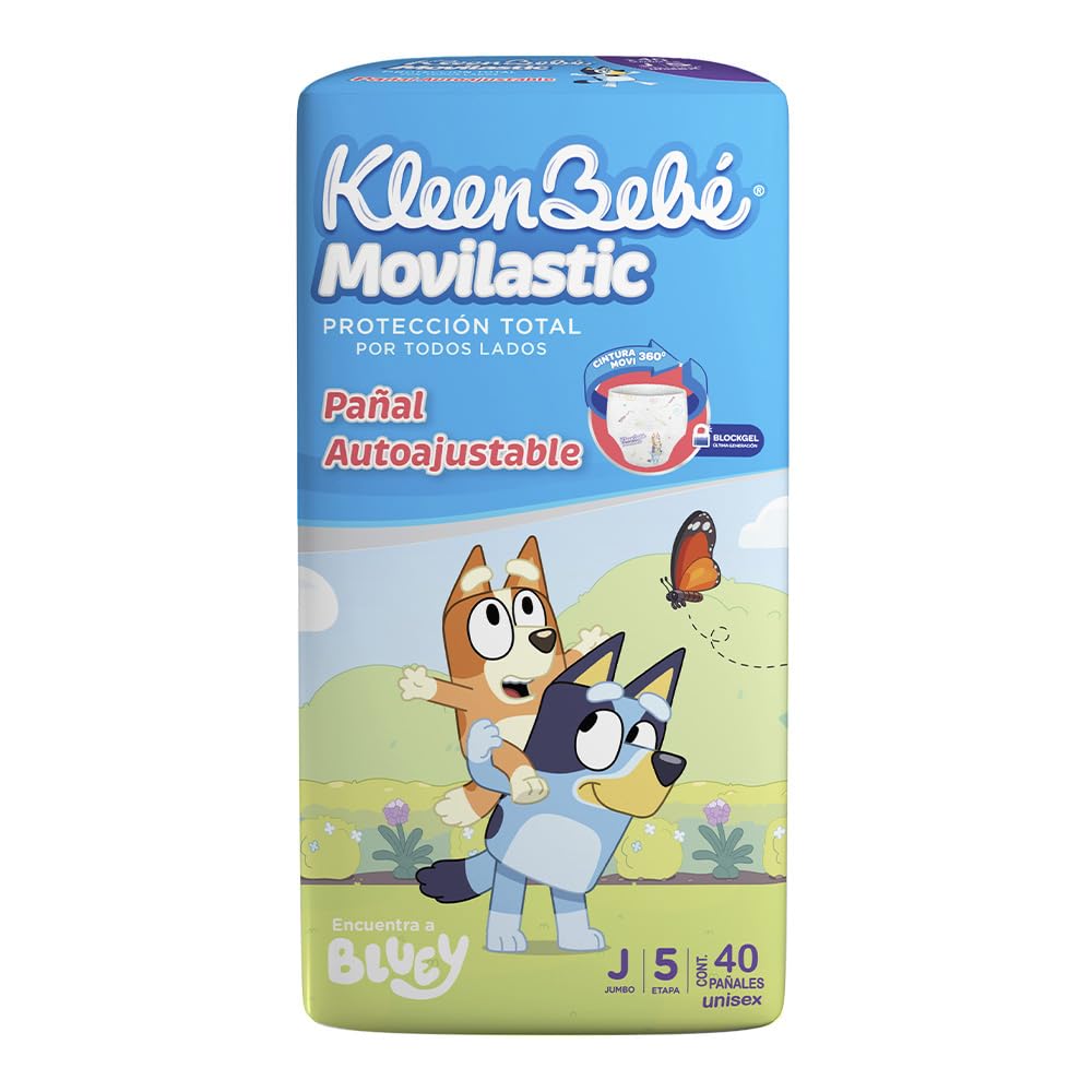 KleenBebé Movilastic Bluey Pañal Desechable para bebé, Talla Jumbo Unisex, Paquete con 40 Piezas, Ideal para Bebés de 11 a 14 kg