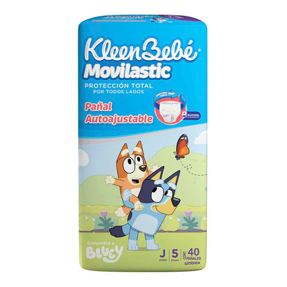 KleenBebé Movilastic Bluey Pañal Desechable para bebé, Talla Jumbo Unisex, Paquete con 40 Piezas, Ideal para Bebés de 11 a 14 kg