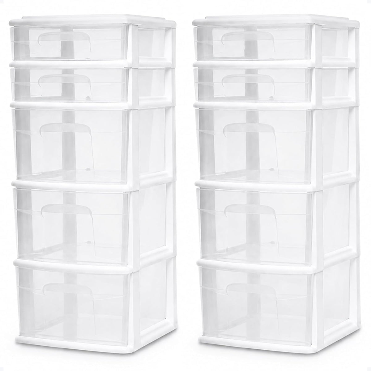 HOMZ Plastic 5 Drawer Medium Storage Tower, White Frame, Clear Drawers, Set of 2