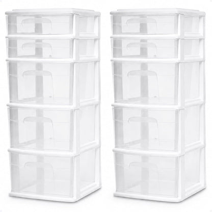 HOMZ Plastic 5 Drawer Medium Storage Tower, White Frame, Clear Drawers, Set of 2