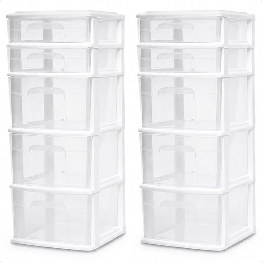 HOMZ Plastic 5 Drawer Medium Storage Tower, White Frame, Clear Drawers, Set of 2