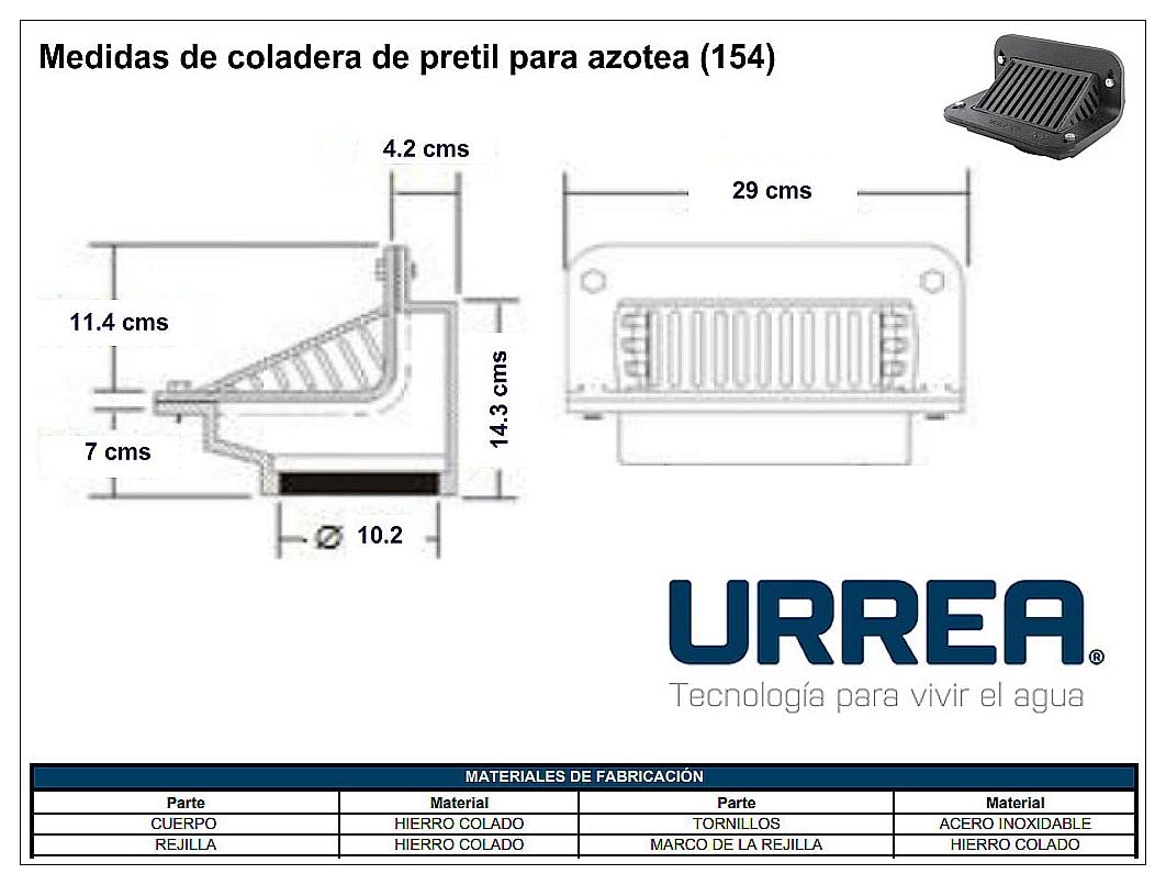 URREA 154 Coladera de Pretil para Azotea, Coladera con Rejilla, Acabado Negro
