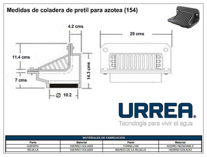 URREA 154 Coladera de Pretil para Azotea, Coladera con Rejilla, Acabado Negro