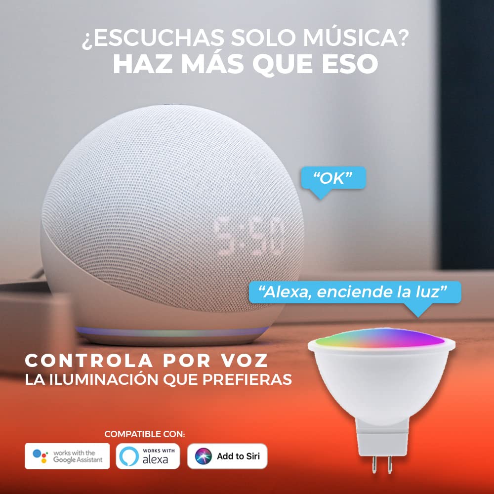 Tecnolite Connect Foco MR16 RGB 5W | 1 unidad, RGB atenuable, WiFi y Bluetooth, compatible Alexa