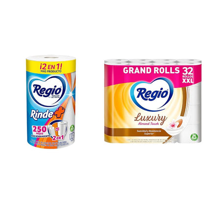 Regio Rinde+ Toallas de papel, 250 hojas dobles, 1 rollo + Papel Higiénico Luxury Almond Touch; Ligero Aroma A Almendras Y Hojas Dobles; Marca 32 Rollos, color, 32 count, pack of/paquete de
