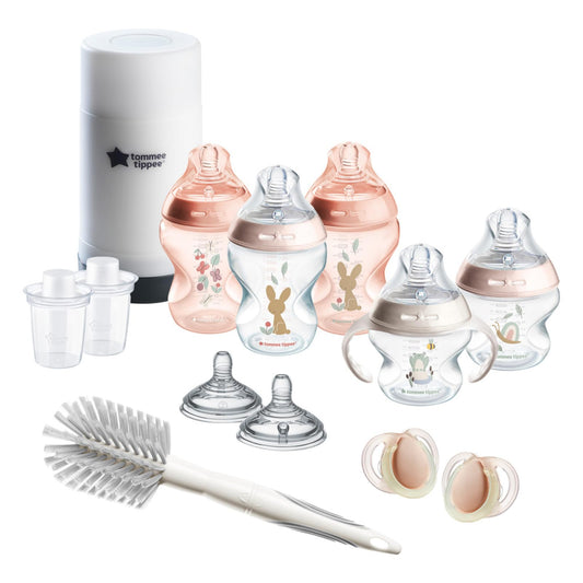Tommee Tippee Natural Start Ready for Baby Bottle Set, 5oz and 9oz Anti-Colic Bottles, Slow and Medium Flow Nipples, 0-6 month pacifiers, Self-Sterilizing, Pink