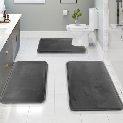 Clara Clark - Juego de 3 Alfombrillas de baño de Espuma viscoelástica de Terciopelo para baño, Antideslizantes, con Respaldo de PVC, Lavables, se Seca rápidamente, Gris - Sólido - Juego de 3 piezas - Gris